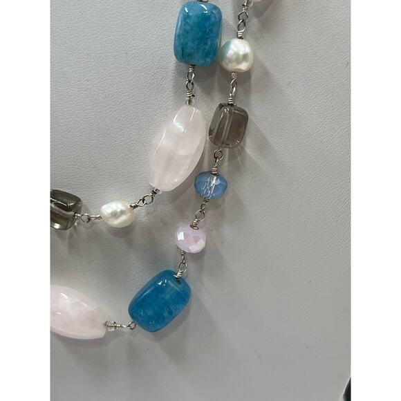 Handmade Sterling 925 Pink Blue Quartz Freshwater Pearl Double Strand Necklace - Picture 7 of 13